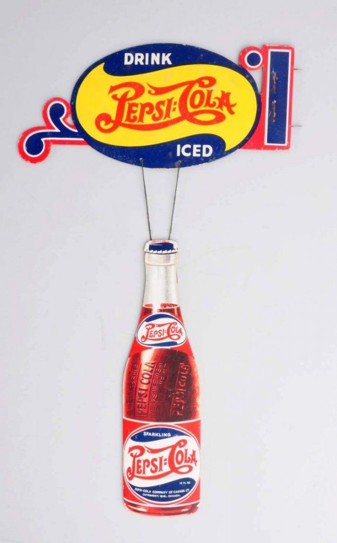 1940s Pepsi Cola Cardboard Cutout Sign.: Probably Canadian, with some mild staple rust a few small stains, and a small bend mark at edge of top sign. Only light wear elsewhere. Condition (Excellent). Size 15" T.