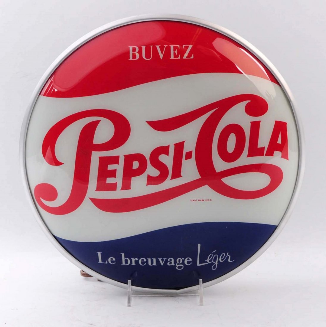 French Canadian 1950s Pepsi Cola Lighted Sign.: Displays well with some paint loss on the red central logo area and a few other small spots. Mostly scratches in the back paint. Condition (Excellent). Size 15" Dia.