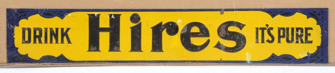 Early Hires Embossed Tin Sign.: Medium size of this form, with strong color, but paint flaking and lifting. Condition (Very Good). Size 32" L.
