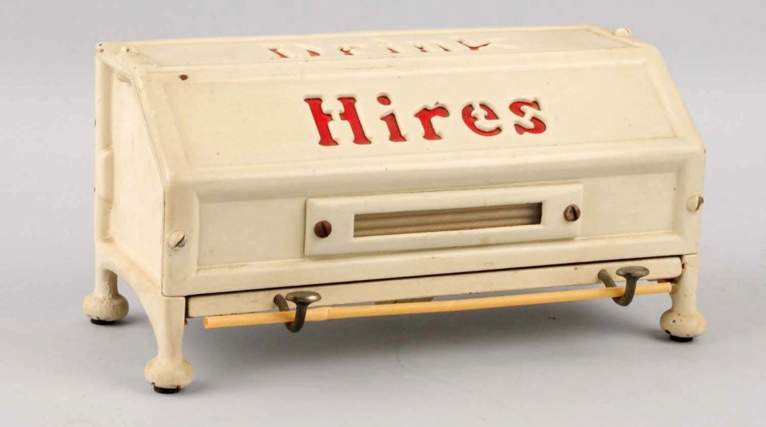 1911 Hires Iron Straw Holder.: Nice variation with cut out lettering. Displays good over all original paint. Light soiling and very little wear. Condition (Excellent). Size 9 - 3/4" L.