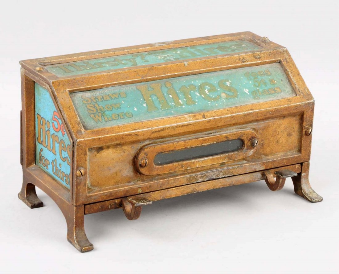 1911 Hires Cast Iron Straw Holder.: Features blue signs which are also displayed on each end panel. General overall wear and some discoloration and paint differences on body of piece. Condition (Good - Very Good). Size 9 - 3/4" L.