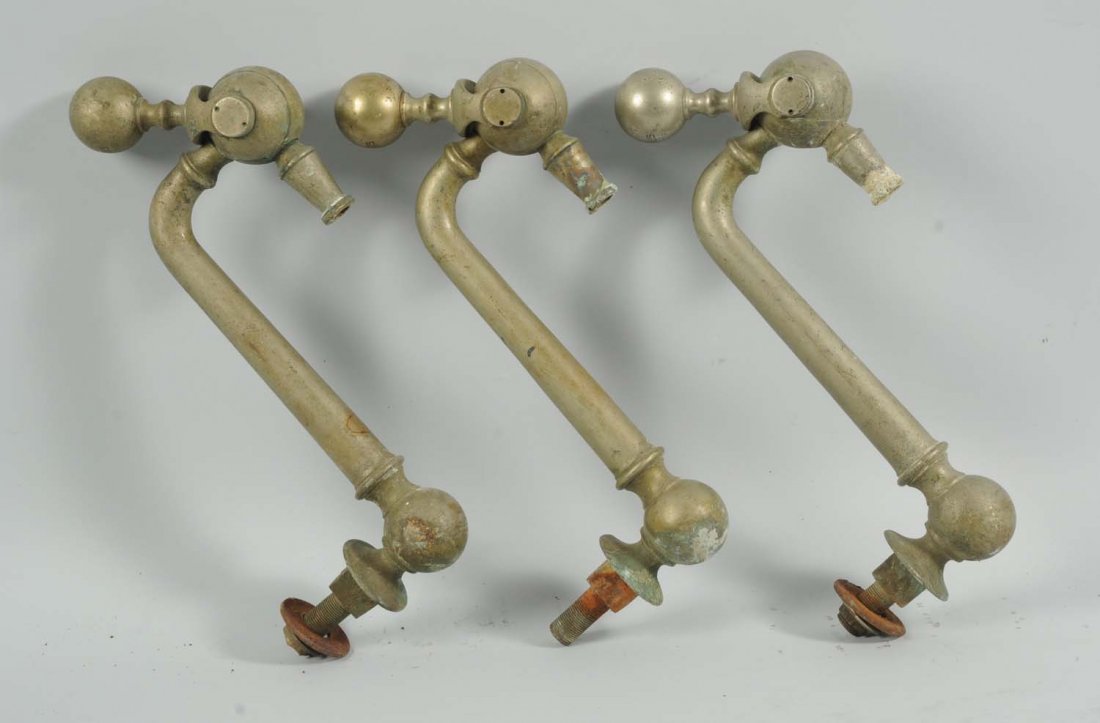 3 Early Soda Fountain Dispensing Tap Knobs.: Nickel over brass plating with moderate wear. The brand name is Walrus. Condition (Very Good). Size Largest: 11" L.