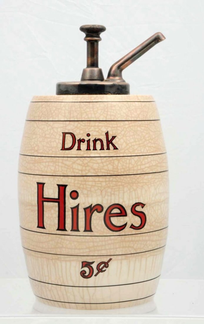 Hires Root Beer Barrel Syrup Dispenser.: Plunger pump has a top cap with fired Hires logo. Piece has uniform staining and crazing with a quite small lip nick concealed by pump. Condition (Very Good).