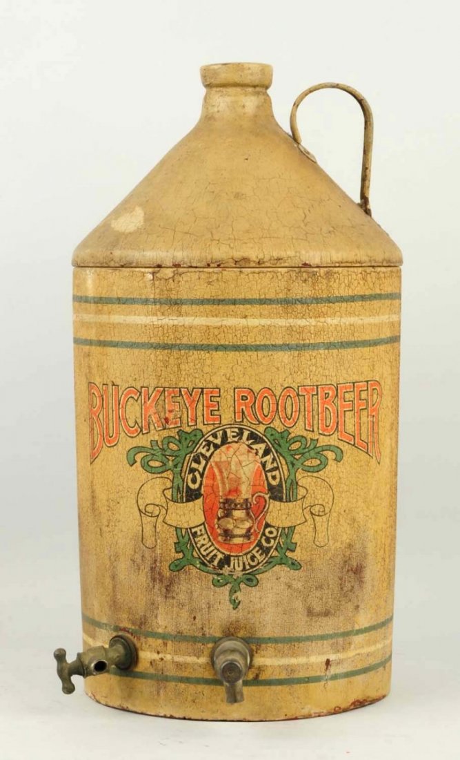Unusual Rare Buckeye Root Beer Dispenser.: Neat piece in shape of a figural jug! Even though it is soiled, weathered, crazed and somewhat darkened, it still presents well with a good look. The fiberboard based composition also has a few chips 