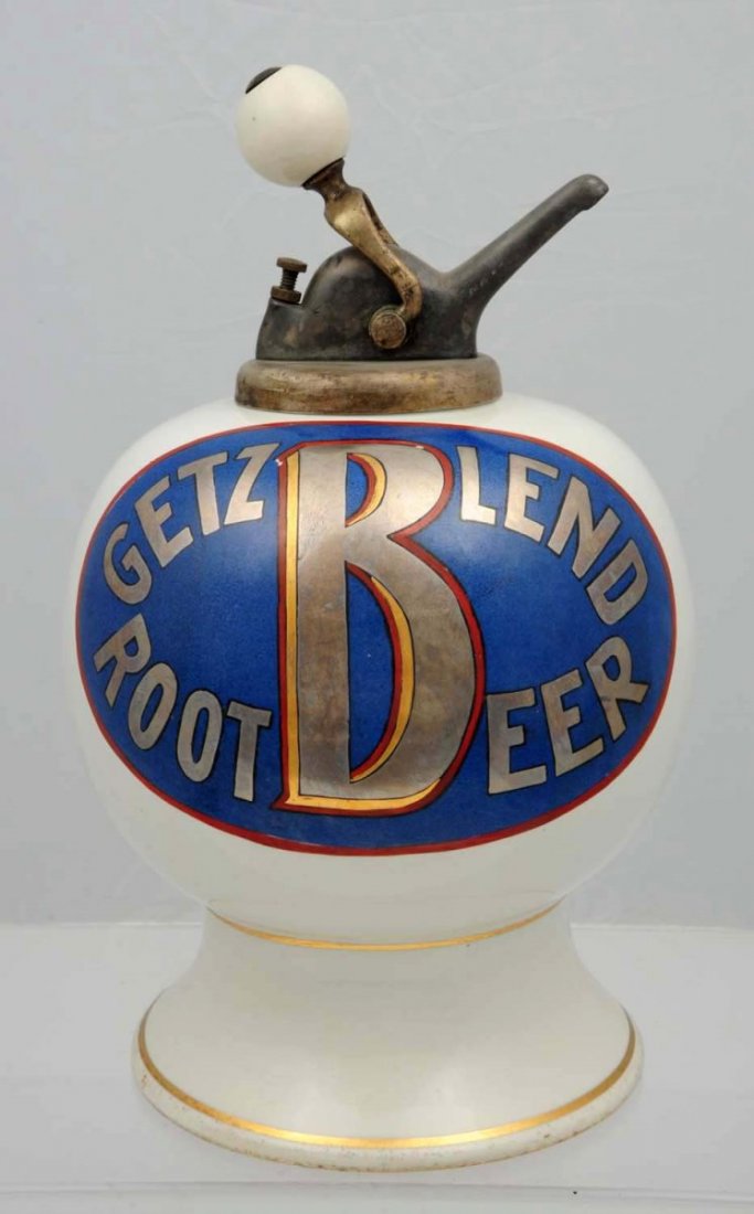 Getz Blend Root Beer Syrup Dispenser.: With an old ball pump. Displays beautifully with nearly undetectable expert base repair and clear coating beautifully done below the top gold band. Almost no wear noted. Condition (Near Mint).