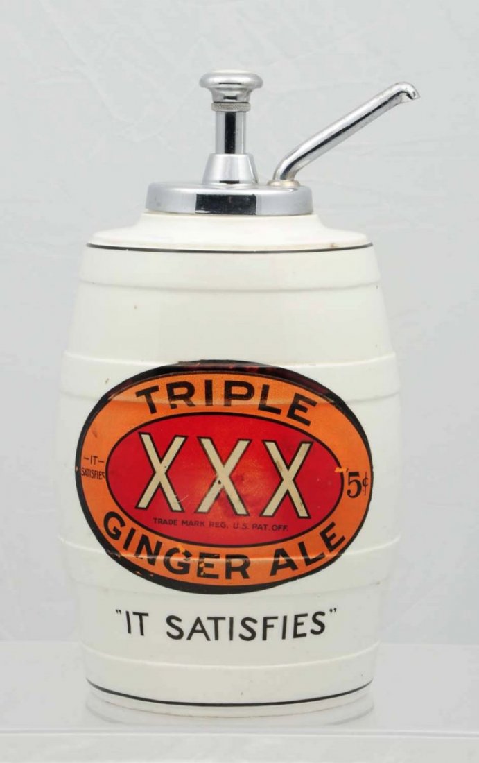Triple xxx Ginger Ale Barrel Syrup Dispenser.: Four lip chips are all concealed by the non-original plunger pump and the logos show evidence of factory or later retouching, with some wear since on both sides. Condition (Good - Very Good).