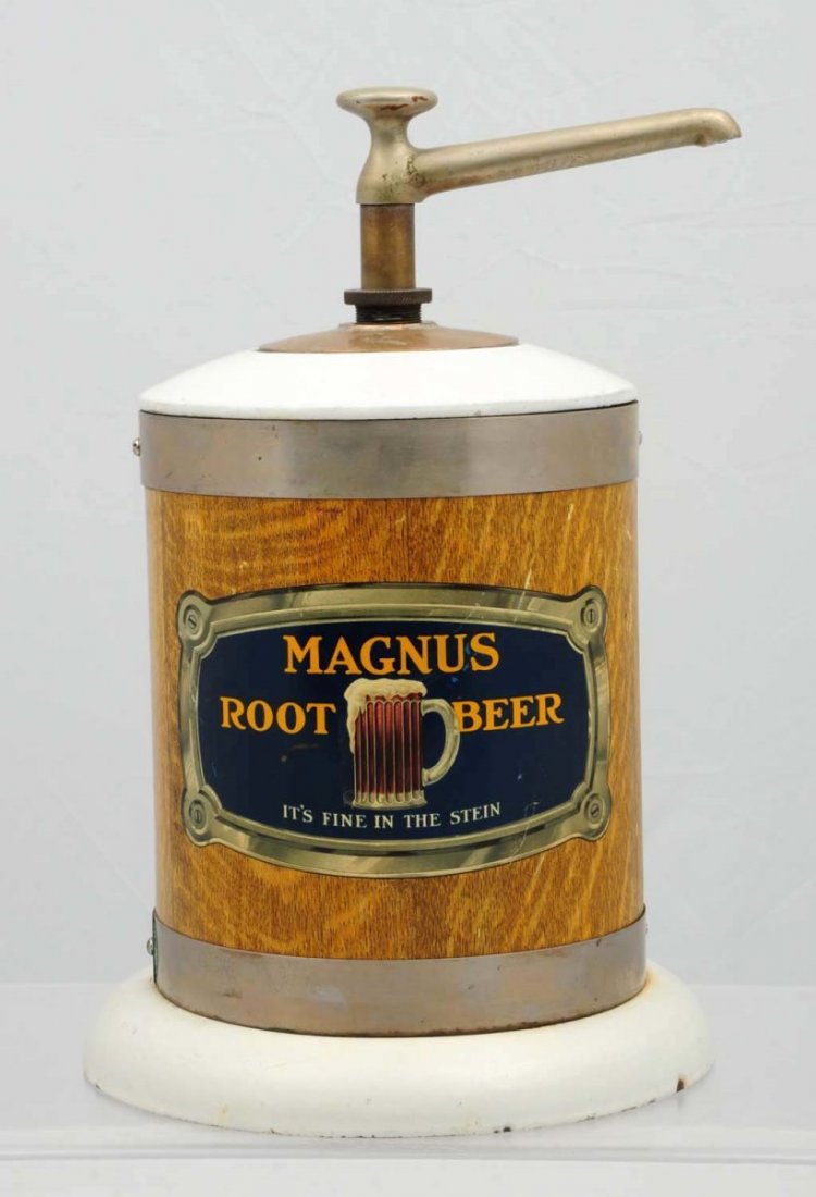 Magnus Root Beer Metal & Porcelain Dispenser.: Original pump, with heavier wear and fading on one side. The other side displays quite well! Condition (Very Good).