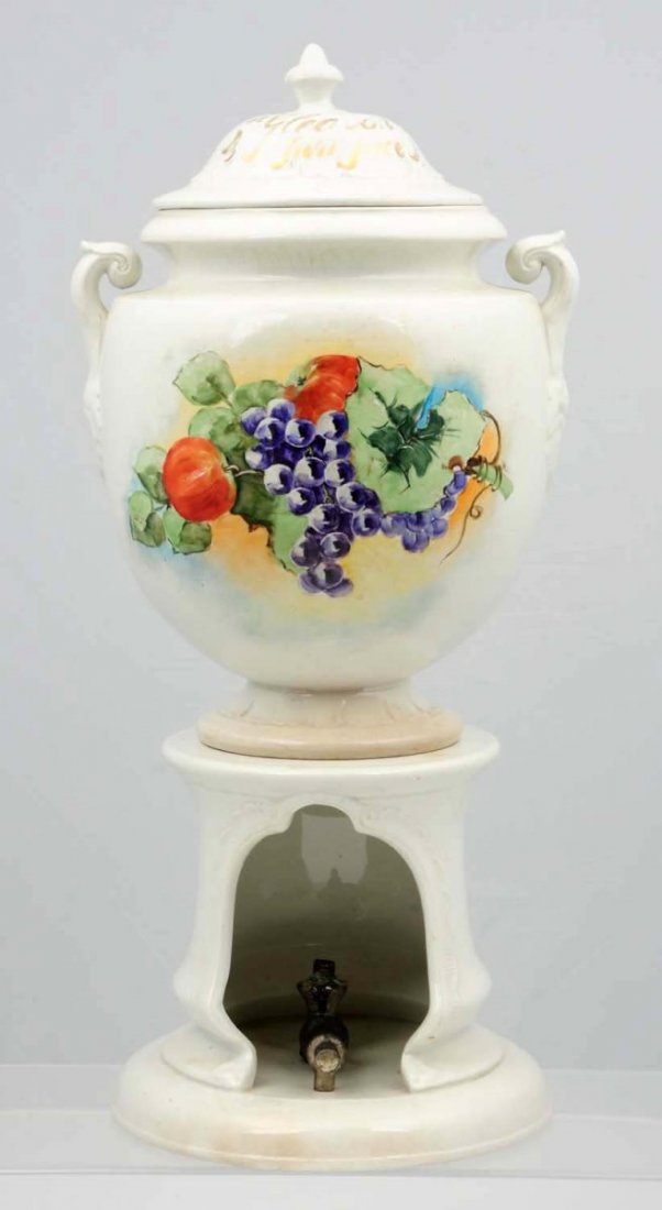 Gleason Fruit Juice China Urn Syrup Dispenser.: Rare. C. 1900 and includes all four pieces counting the detached spigot, which is best inserted once displayed in your collection. This is a rare survivor which displays quite well and is as large a s