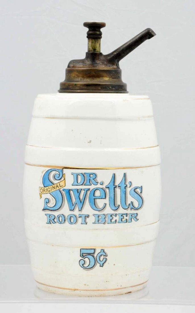 Dr. Swetts Barrel Syrup Dispenser.: Pump is likely the original and marked root beer. A few miniscule base nicks, light crazing, mostly evident inside and under the bottom, with an interior hairline which does not appear on the outside.