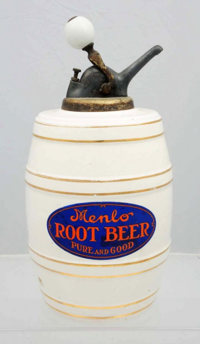 Menlo Root Beer Barrel Syrup Dispenser.: Strong color and gold, bright and clean, with just smallest wear and marks. Has an old ball pump. Condition (Near Mint).