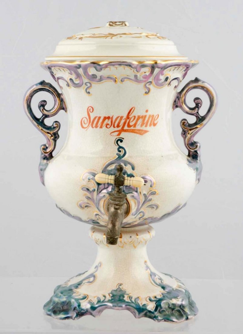 Sarsaferine Rare & Early China Syrup Urn.: Complete with a reproduction lid with missing/ground top handle. You will likely never find another like this, as it is the first Gary has seen or heard of. Name appears on both sides and the piece ex