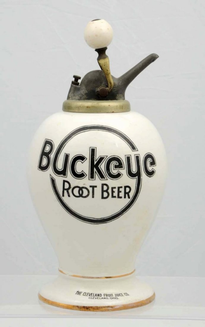 Buckeye Root Beer Circle Logo Syrup Dispenser.: Dated 1919 and includes an old ball pump. Very sound example with only lightest wear, a few surface rubs/scuffs, a small manufactured flaw or two, strong gold bands. Condition (Excellent Plus).