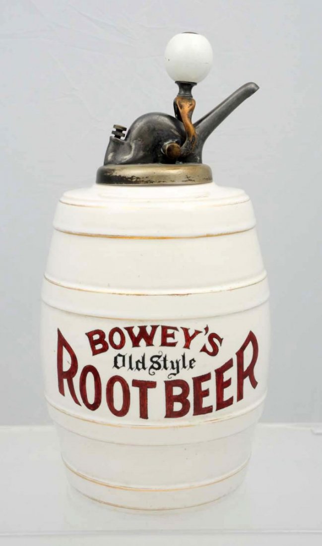 Bowey’s Root Beer Barrel Syrup Dispenser.: Complete with an old ball pump and exhibits very little wear, just some gold banding wear. Condition (Excellent - Near Mint).