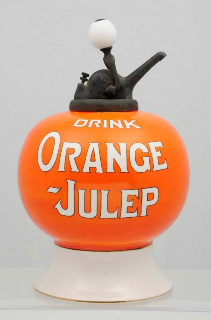 Orange-Julep Ceramic Syrup Dispenser.: Complete with an old ball pump. Beautiful, bright, and strong example with great gloss and just a few tiny color nicks from lightest surface wear. Condition (Near Mint).