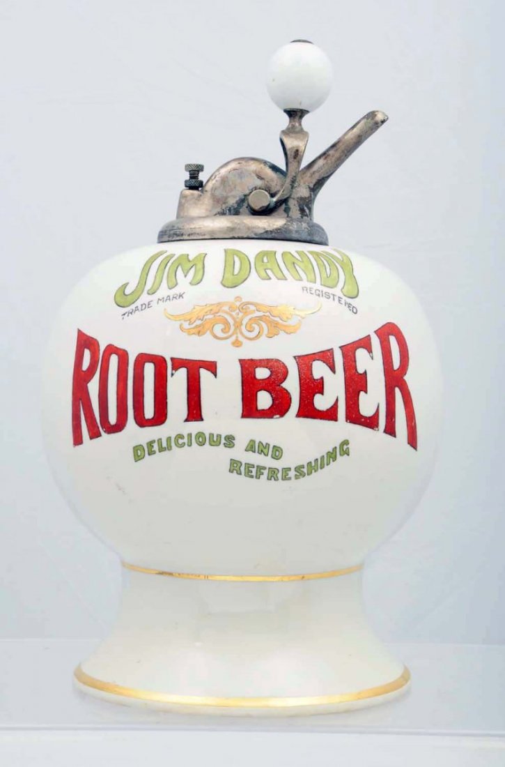 Jim Dandy Root Beer Ceramic Syrup Dispenser.: Very rare. Complete with a reproduction pump, easily switched out to achieve greater presentation. The dispenser body is as good as you will find with just minor surface wear or marks. The base and th