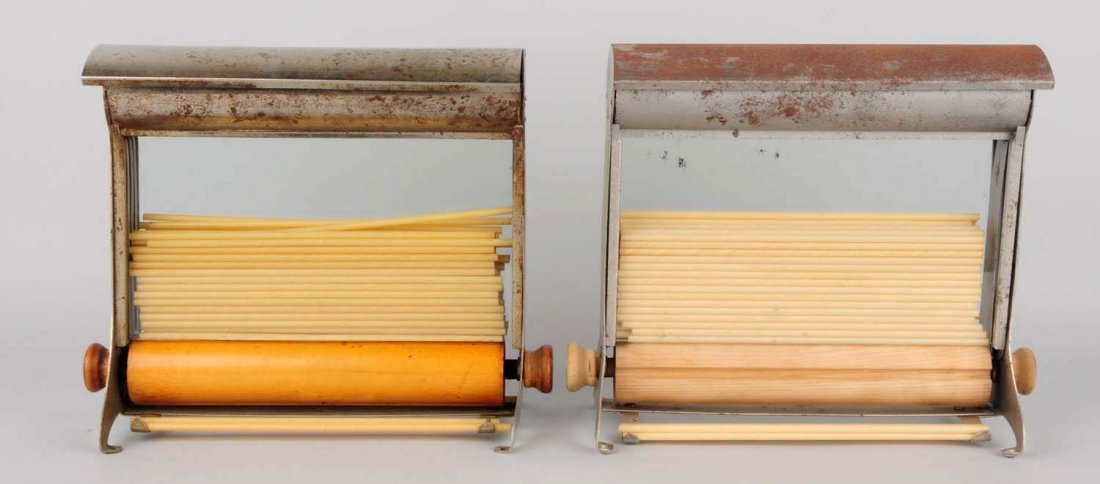2 Glass/Metal Straw Dispensers.: Unusual and early with expected plating wear. Made and marked Mosteller. Wooden roller on one is a remake. Condition (Very Good). Size Each: 9 - 3/4" L.