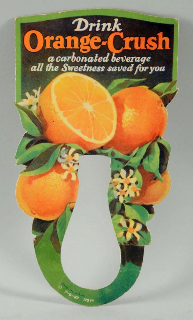 1927 Orange-Crush Cardboard Bottle Display.: Not often found and strong condition with the exception of a 1 - 1/2" long rebuilt lower left collar. Condition (Excellent Plus). Size 10" L.