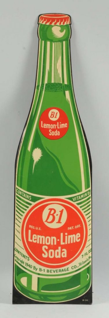 B-1 Lemon Lime Soda Tin Bottle Sign.: This B-1 Lemon-Line soda sign is in great condition with only a few minor scratches near the bottom. Condition (Excellent). Size 28 " x 7 -1/2'".