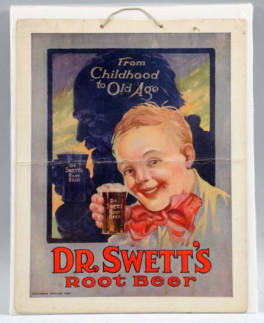 Dr. Swett’s Root Beer Scarce Cardboard Sign.: Never found and circa 1920s. Strong horizontal bend line with small closed punch in top border. Light wear or soiling elsewhere only. Condition (Very Good). Size 14 - 1/2" L.