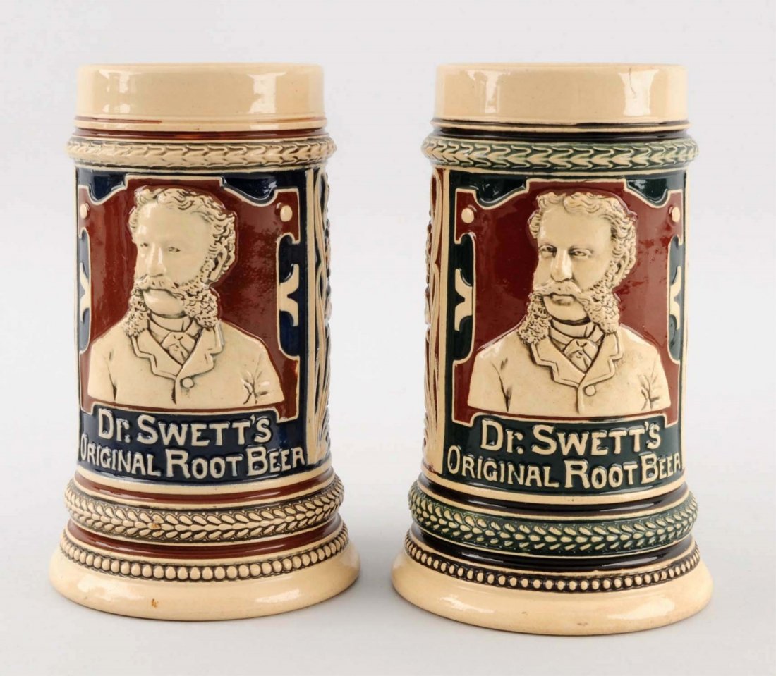 Lot of 2: Dr. Swetts Root Beer Mugs.: C.1900 and beautiful with only a short hairline stress crack near the top of one mug. Condition (Near Mint). Size Each: 6" T.