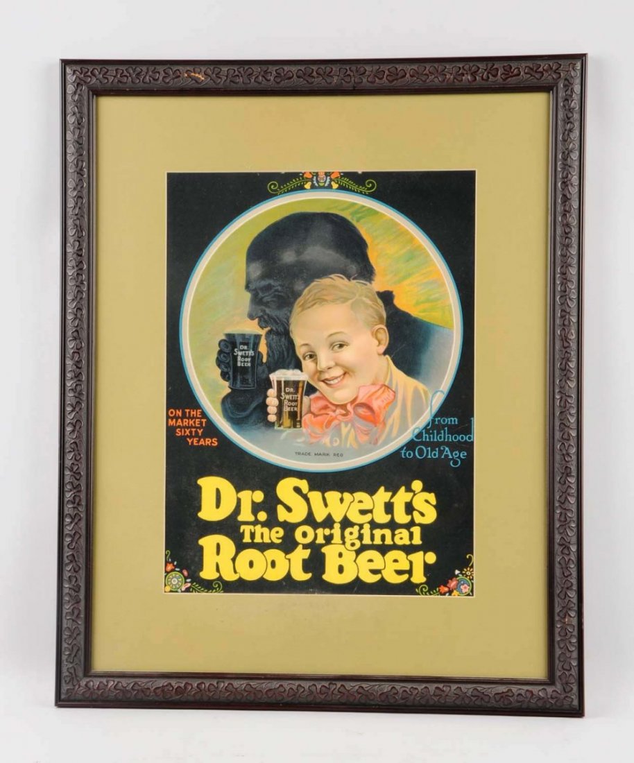 1915-20 Dr. Swett’s Cardboard Sign.: Framed and matted under glass. Light soiling, surface mildew spots/marks, a few surface bends. Condition (Very Good Plus). Size Framed: 26 - 1/4" x 21 - 1/4".