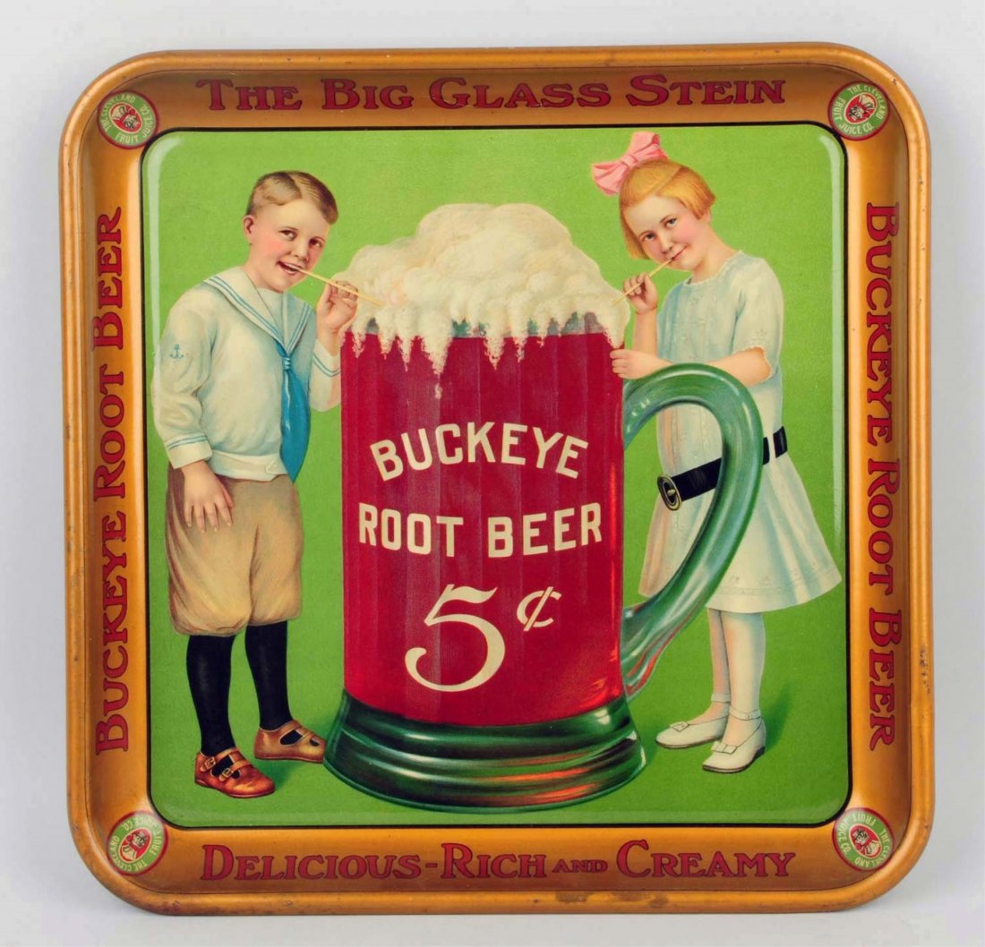 1910-15 Buckeye Root Beer Tin Serving Tray.: Great color and condition. With only the most minor of any marks and just a few outer rim edge nicks or stains. Condition (Near Mint). Size 13 - 1/4" x 10 - 1/2".