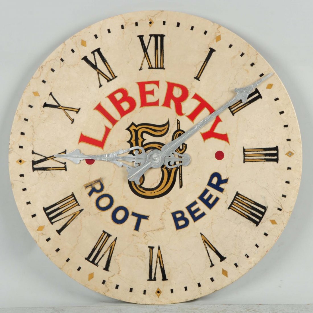 Liberty Root Beer Marble Sign.: Made to simulate a large clock face. Believed to be 1920s-1930s with some restoration and enhancement. Could be later, but is an interesting display piece with only small marks or light wear. Conditio