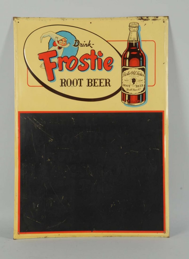 Frostie Root Beer Menu Board.: This board has some area of loss at the top right corner near the corner hole and just a few light scratches on the black portion, but is otherwise a fairly nice item. Condition (Very Good). Size 28 "