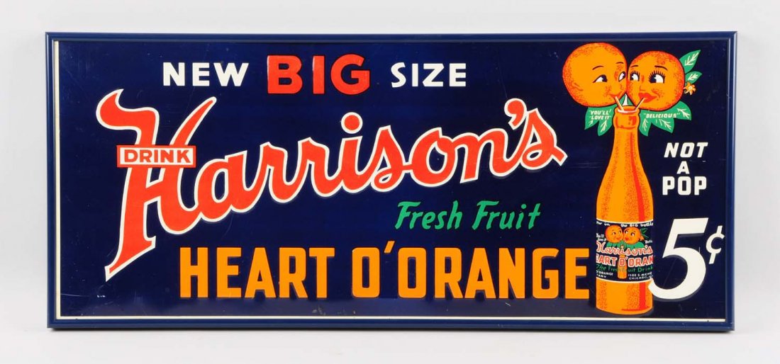 1930s-40s Harrisons Orange Embossed Tin Sign.: Framed with no glass, and displays wonderful vibrant colors. A few light surface scratches and very light surfacing bubbling when seen from certain angles, but quite stable. Condition (Excellent). Siz