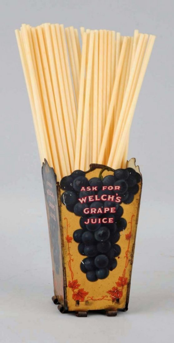 1910-1910 Welch's Grape Juice Tin Straw Holder.: Beautiful remaining color and graphics with a few small nicks. Just light wear. Condition (Excellent). Size 5 - 3/4" T.