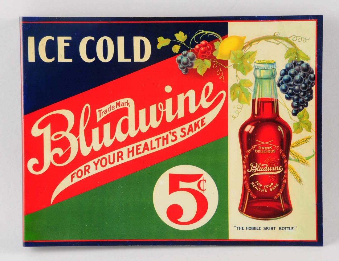 1910-20 Bludwine Colorful Tin Flange.: This displays as well as you may find, with some edge and small area professionally executed restoration, mostly on one side along a vertical bend line just in from the edge. Condition (Excellent Plus