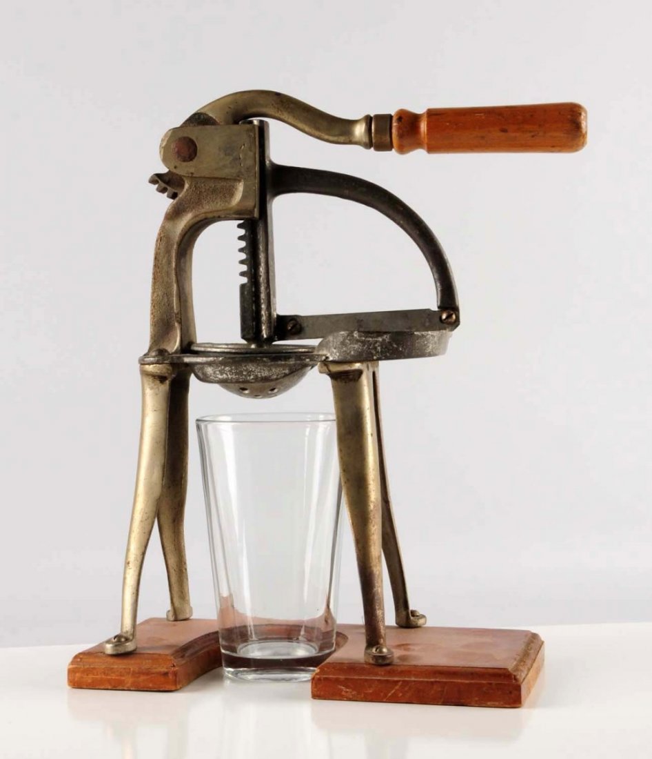 Early Wooden & Metal Fruit Juicer with Glass.: Moderate to heavier overall plating wear. Condition (Good - Very Good). Size 12 - 3/4" T.