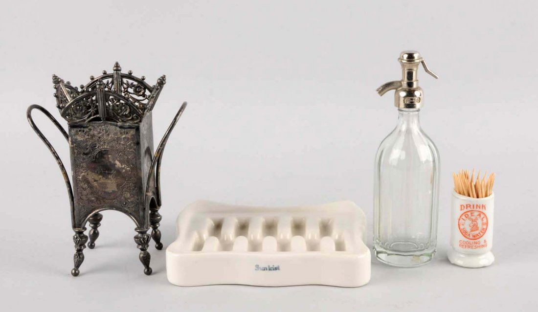 Lot of 4: Assorted Soda Related Pieces.: Includes a toothpick holder with advertising, 1880s silver plate straw holder, miniature seltzer bottle and more. Condition (Very Good - Near Mint). Size Largest: 6" L.