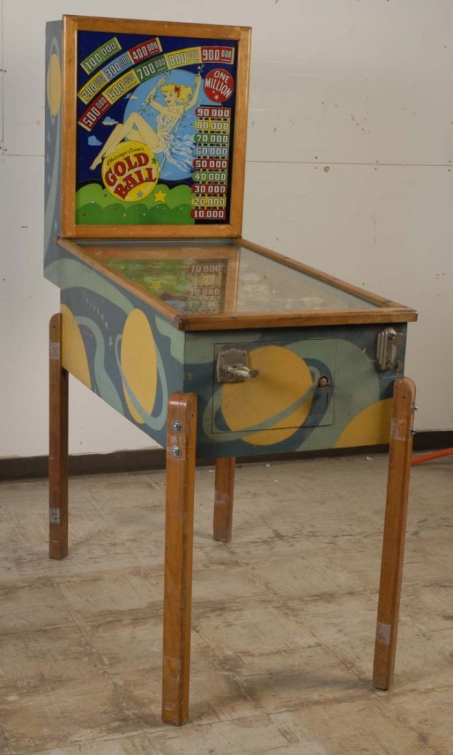 1947 Chicago Coin Gold Ball Pinball Machine.: The playfield is fair with some wear and touch-ups. The back glass is excellent with minor flakes. The cabinet is good and original with minor scrapes and is yellowed. This machine will not power up. 