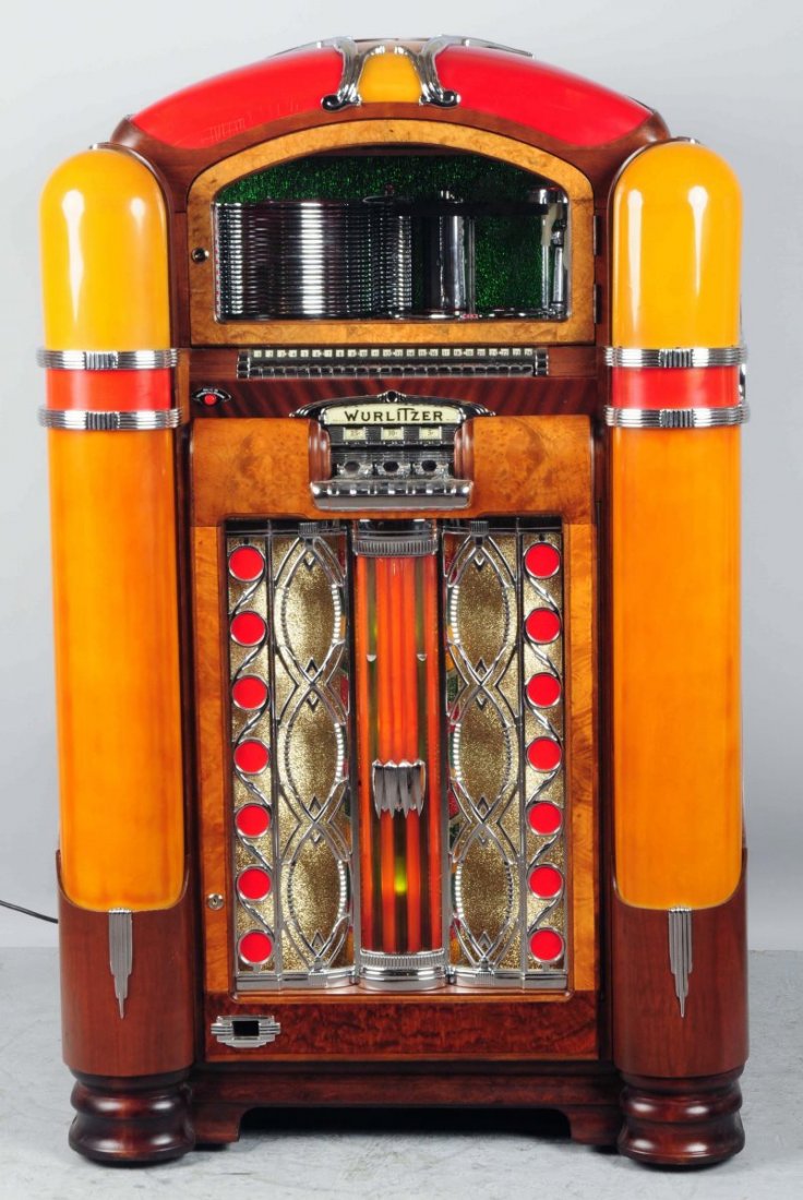 Wurlitzer Model 800 Jukebox.: Excellent professional restoration by Jim Anderson of "Red Rose Restorations", Iowa. Plays excellent. Condition (Restored). Size 61" T.