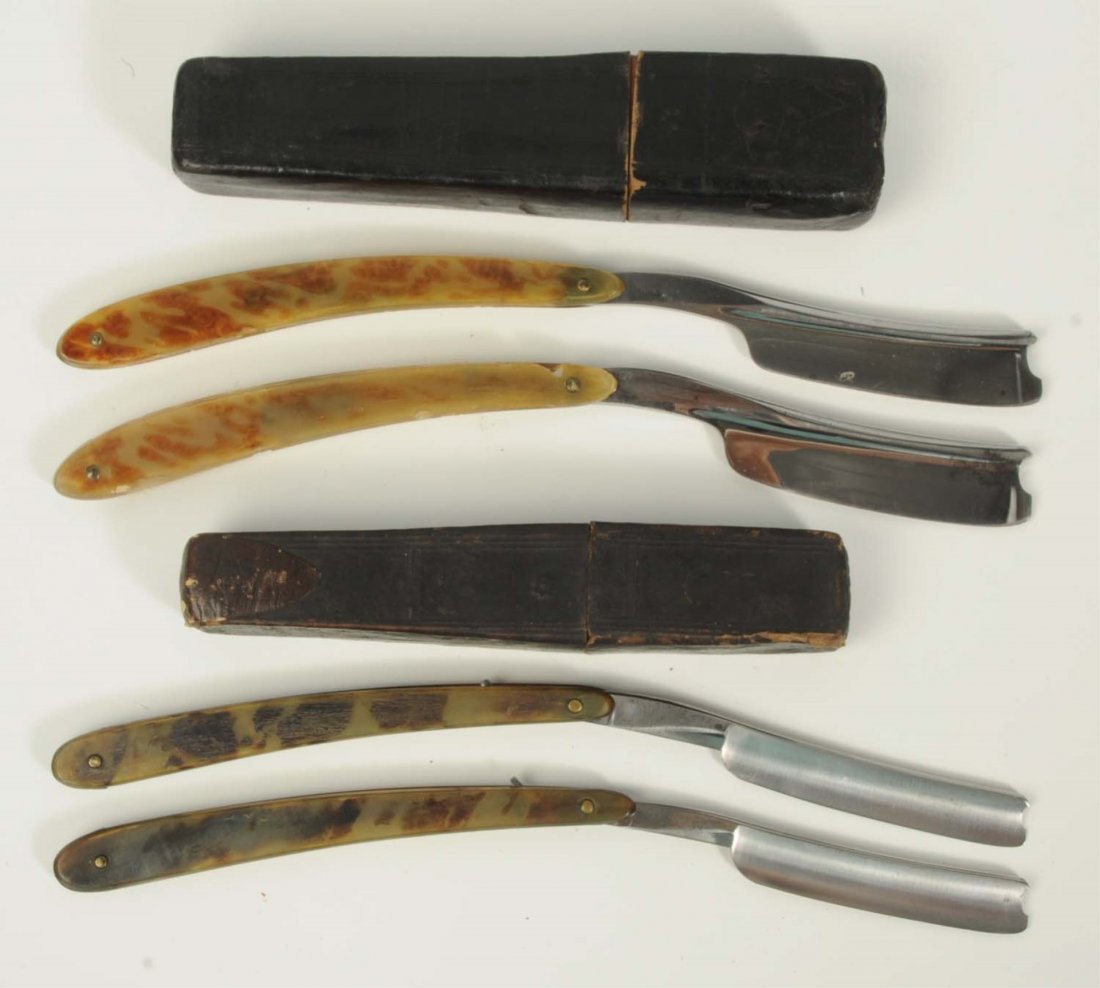 Lot of 4: Pairs of Razors in Dual Coffin Boxes.: Matched pair of Scheffield razors. Two Frederick Reynolds razors with mottled horn handles, pewter escutcheons, 13/16” hollow ground blades with much of original polish remaining, significant insect