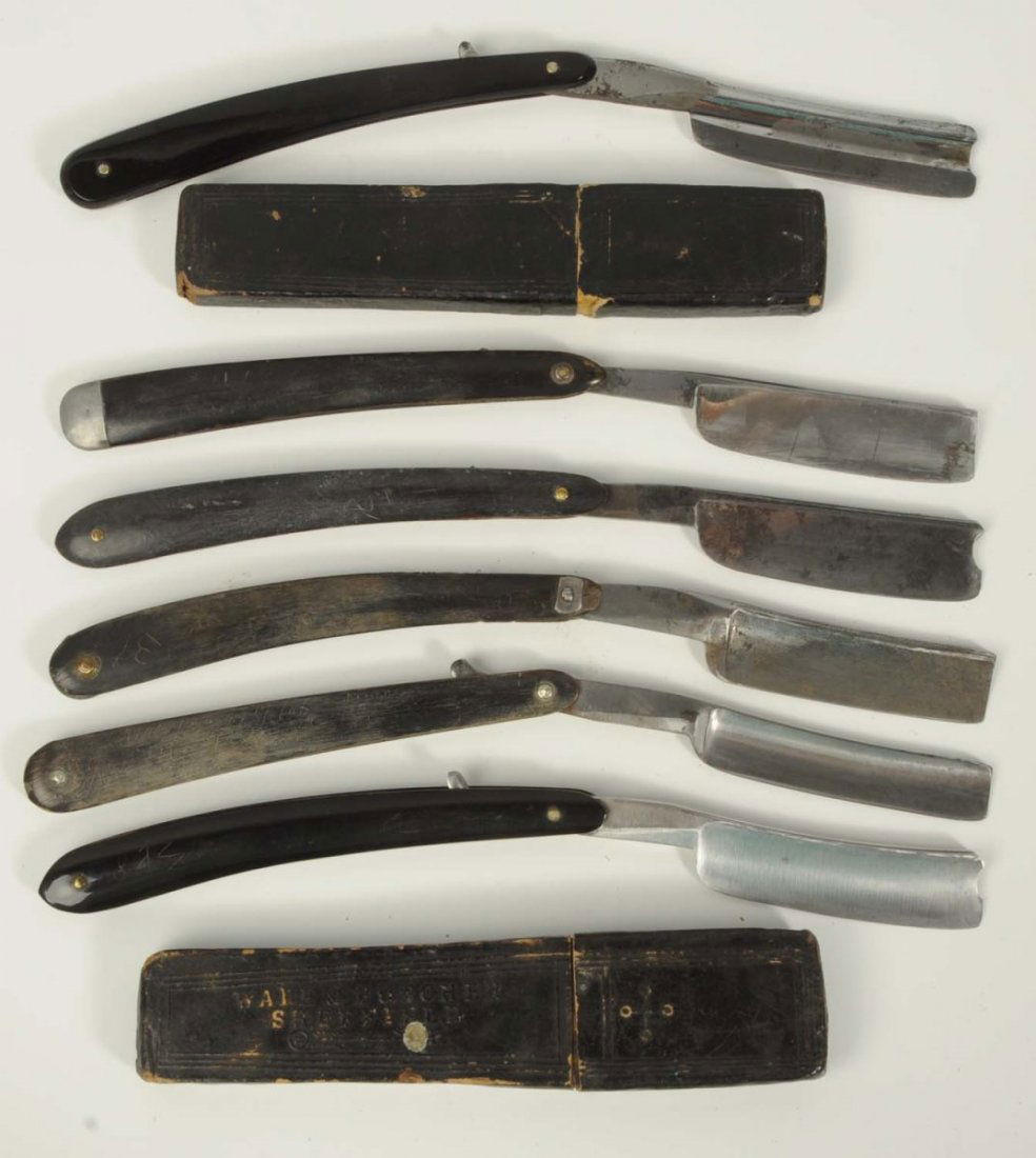 Lot of 6: English Razors.: Razors have inlaid black horn handles. E.H. Straw, 68 & 69 Leman St. razor with 13/16” double ground blade, center of blade etched “Diamond Edge” in old English script, horn handle with inlaid n