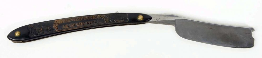 Pressed Horn Razor with Presidential Theme.: Razor depicts William Henry Harrison's presidential campaign theme, possibly from 1840. Black horn handles, pressed on front with eagle, bust of Harrison labeled “Old Tippecanoe”, and “The Harri
