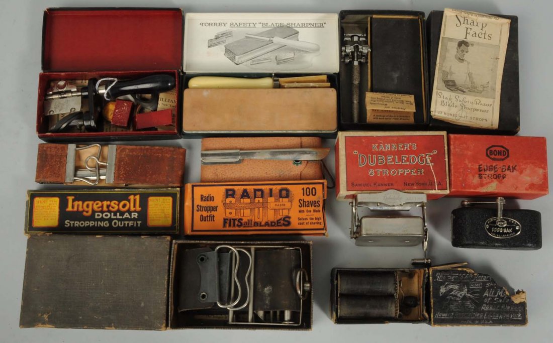9 Mechanical Razor Blade Stropping Devices.: . Tarantella in box, Never-Fail Razor Sharpener in box, Edge-Bak stropper in box, Kanner’s “Dubeledge” stropper in box, Torrey Safety Blade Sharpner in box, Radio Stropper Outfit that has one en