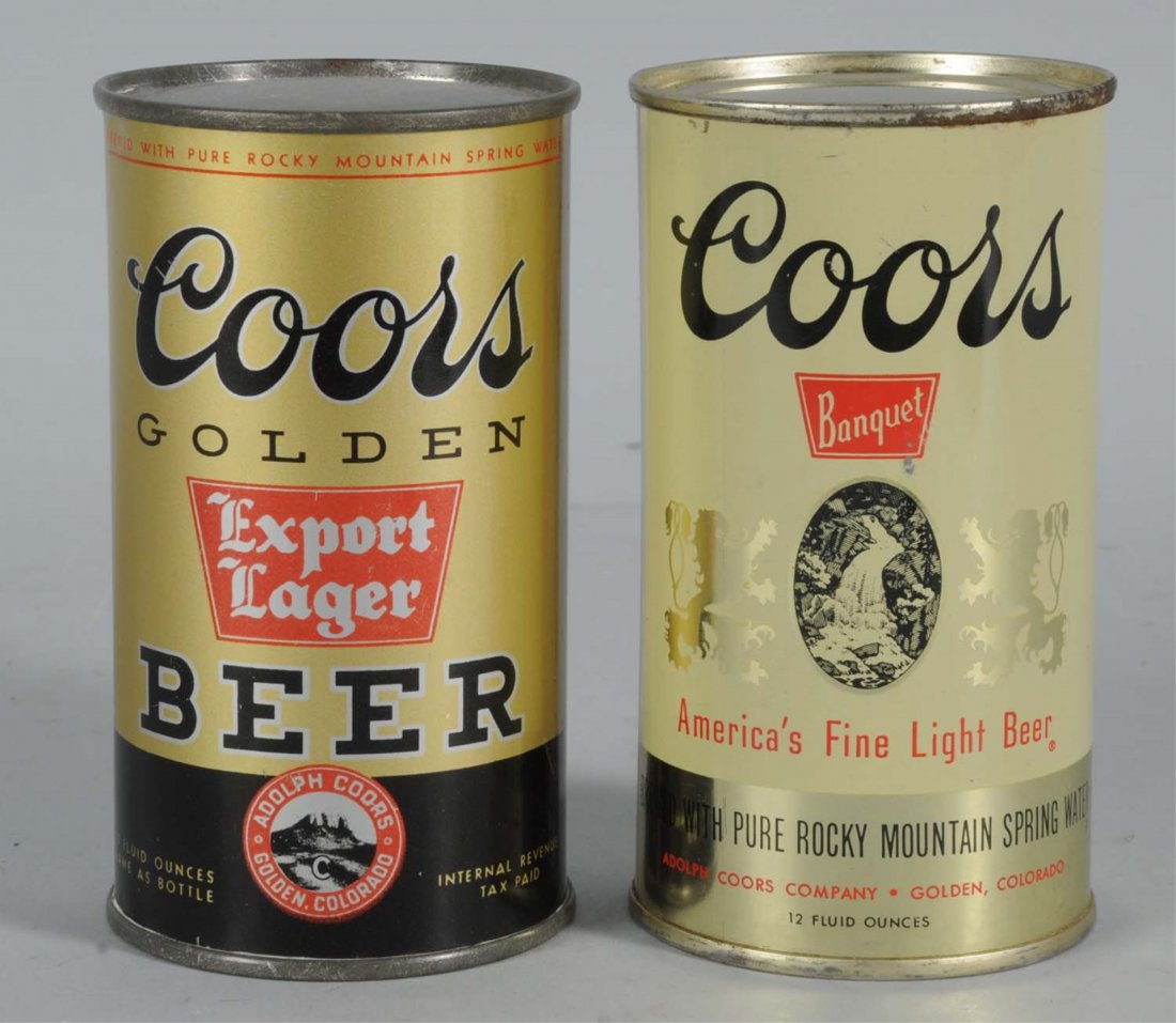 Lot of 2: Coors Beer Flat Top Cans.: Coors Export Lager beer can is a nice example with some scratching on back side along with some light denting. The bottom of the can is opened. Second can is clean overall with the bottom opened. Cond