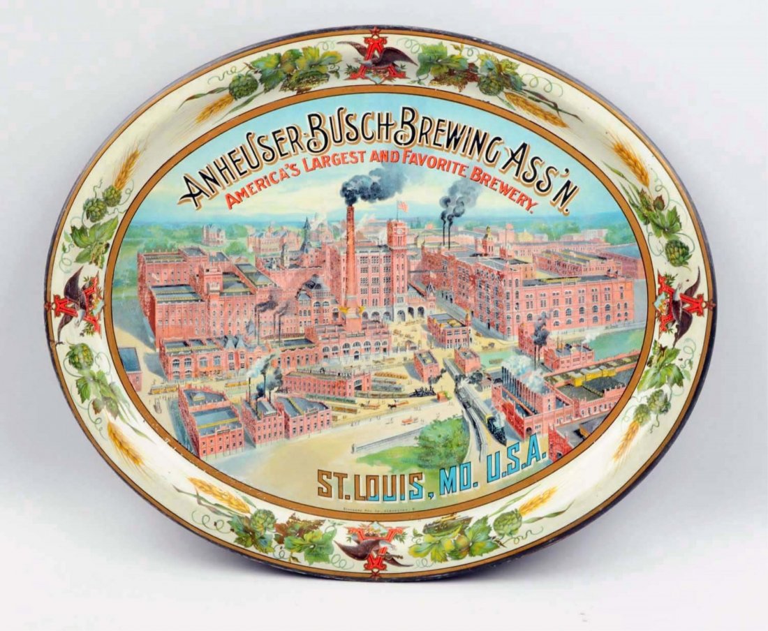 Large, Early, Impressive Anheuser-Busch Tray.: Great color and factory complex images with trains, trolleys, carts, wagons, coaches, and more shown on streets. Minor overall color rubbing in the form of tiny dots over much of the surface is presen