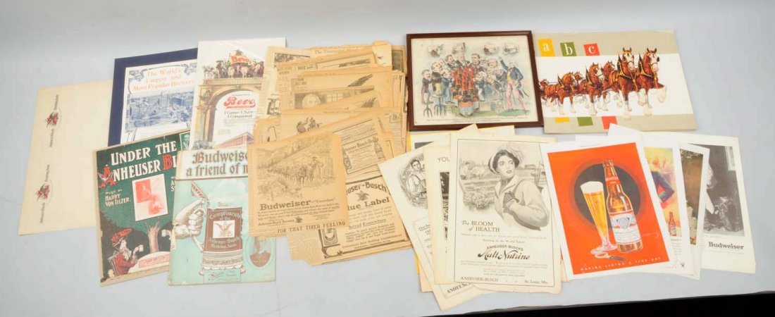 Grouping of Budweiser & Busch Early Paper Ads.: Most are 1900's - 1920. Are from newspaper and magazines. Some wonderful graphics are featured with moderate wear. Condition (Very Good - Excellent). Size Largest 18"L.
