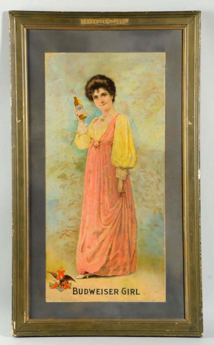 1904 Budweiser Girl Cardboard Poster.: In its original marked framed with no glass. The gray border has been restored, as have a few small areas and spots within the border. Minor warping and light overspray. Condition (Very Good Plus). Si