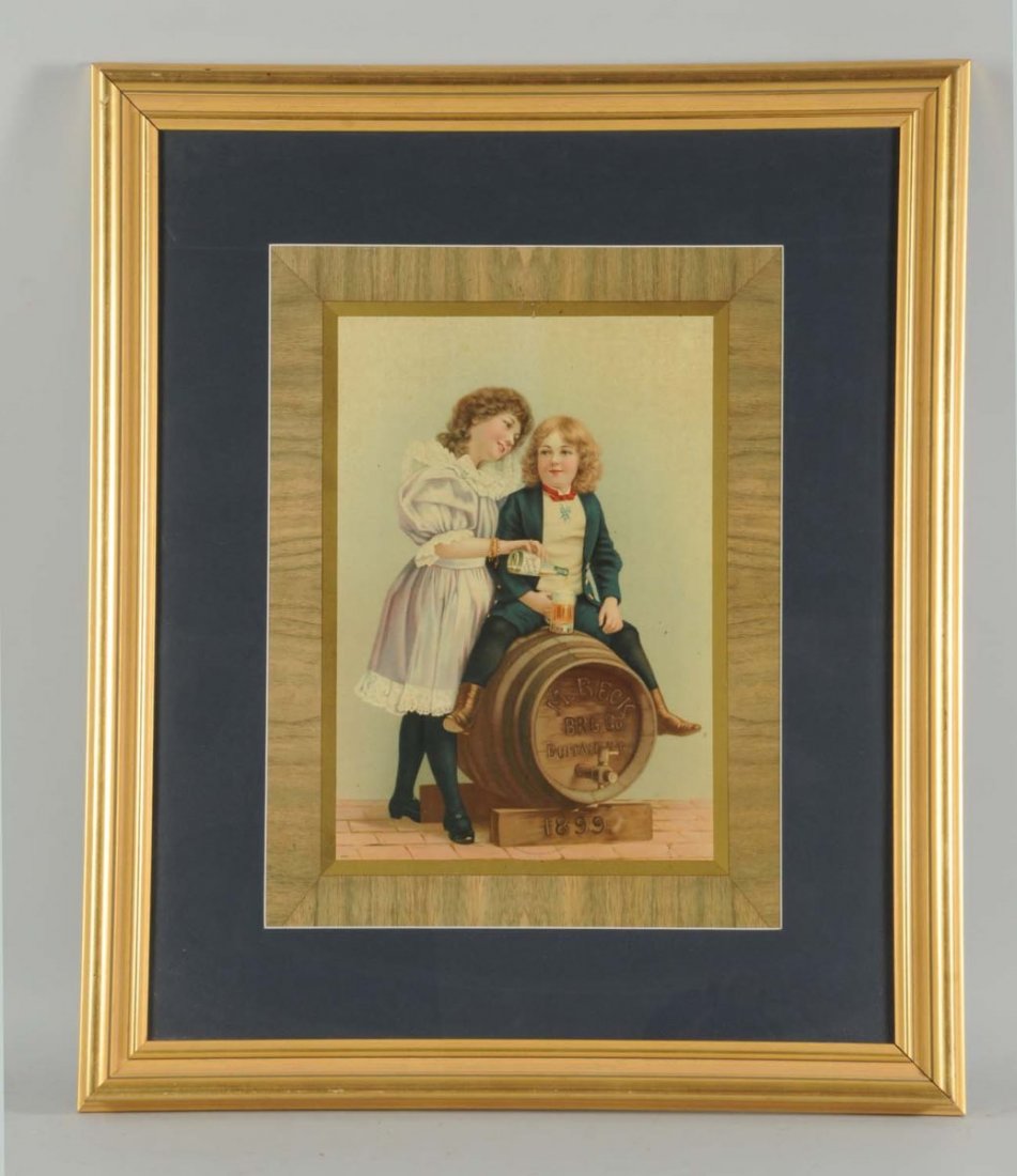 Magnus Beck Brewing Co. 1899 Lithograph.: Depicts two children at a beer barrel pouring a beer. It is a rare lithograph that is professionally framed and has a clean overall condition. Condition (Excellent). Size 24 x 29 - 1/2".