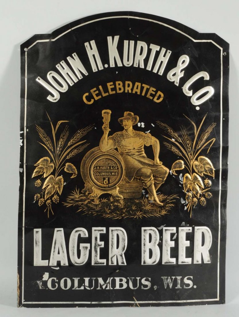John H. Kurth & Co. Tin Litho Sign.: Extremely rare, hard-to-find sign depicting a farmer sitting on a beer barrel enjoying a beer. The sign has some scratching, wear, and a piece of clear tape to the bottom left corner. Condition (Very 