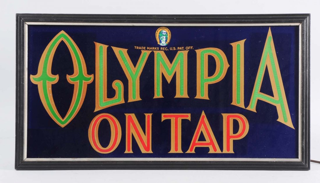 Olympia On Tap Large Reverse Glass Light-Up Sign.: The glass and wood frame on this rare piece are in nice condition. Manufactured by Crystal Manufacturing Company. Condition (Excellent). Size 25 -1/2" L.