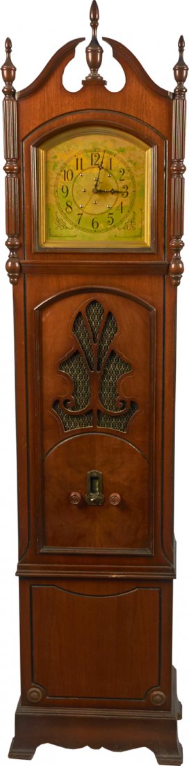 General Motors Grandfather Clock Radio.: General Motors Grandfather Clock Radio w/Metal Escutcheon Stamped “GM,” Paper Faced Electric Clock Manufactured by “L.S. Brach Electrick Clock Corporation Newark, New Jersey,” Toggle Switch Fo