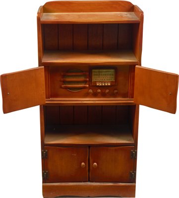 Silvertone Wood Bookcase Radio Model 6498AYK.: Silvertone Wood Bookcase Radio Model 6498AYK w/Slide Rule and Push Button Dial, Plastic Escutcheon 22” x 43.5” x 11”.