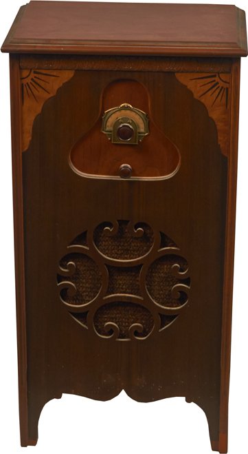 Steinite 2-Knob Wood End Table w/Half Moon Dial.: Steinite 2-Knob Radio In Wood End Table w/Half Moon Dial & Metal Escutcheon, Chasis Manufactured by C.R.C. Chicago, Il. 30.25” x 15.75” x 10.25”.