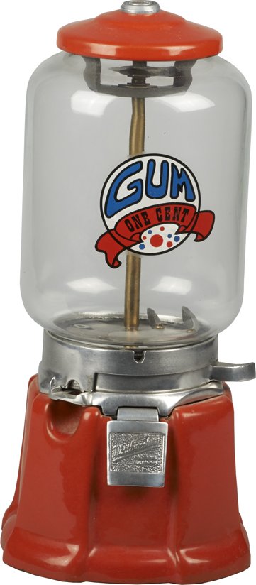 1 Cent Northwestern 33 Gum Countertop Gumball Vending.: 1 Cent Northwestern 33 Gum Countertop Gumball Vending Machine c1933 w/ “Gum One Cent” decal, Red porcelain base, w/Key.